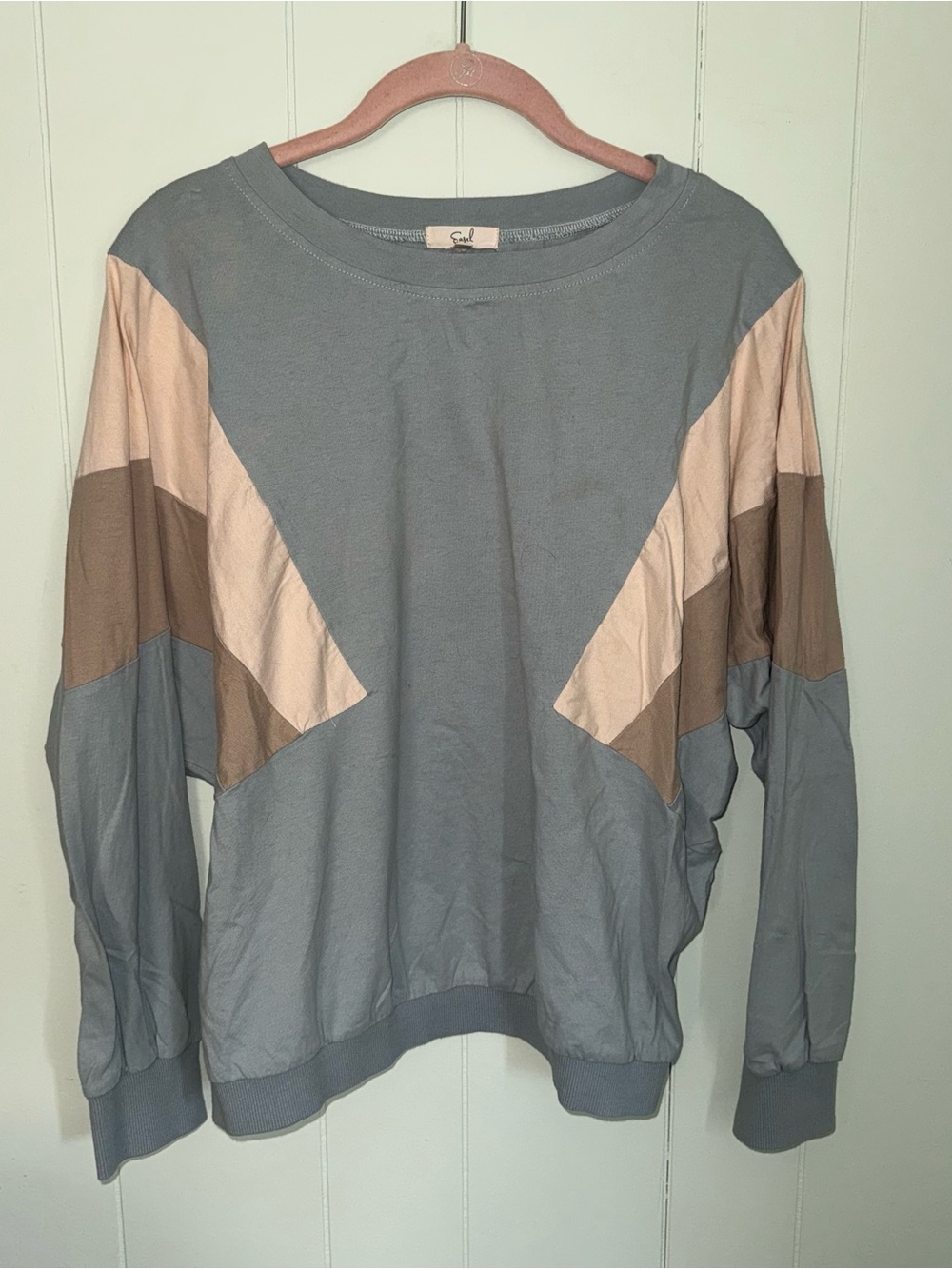 Easel Colorblock Crewneck Sweater in Slate Blue, Beige & Brown